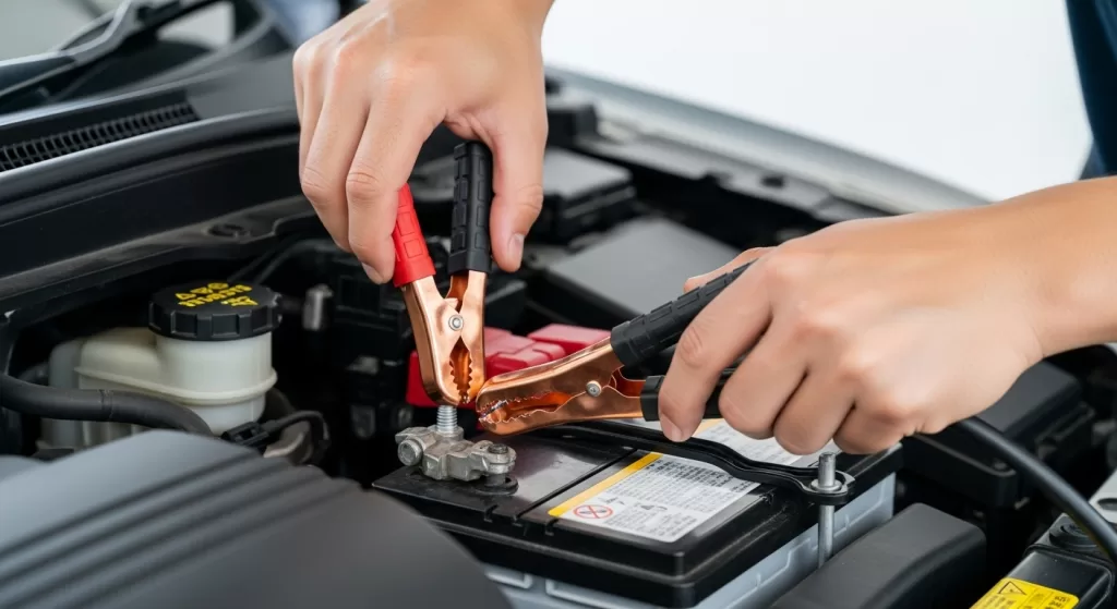 ジャンプスタートの安全手順を強調するクローズアップ、ブースターケーブルの黒側クランプをバッテリーから離れた金属ボルトに慎重に取り付ける手元、明るくクリアな照明