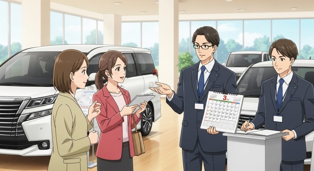新車購入時の自動車税の説明を受ける女性と営業スタッフのイラスト