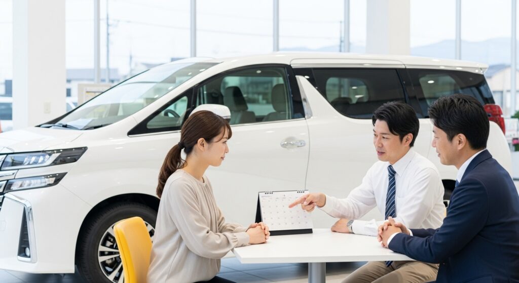 ディーラーで白い新車を背景に、営業担当者が卓上カレンダーを指差して女性客に初年度自動車税の説明をしている様子。