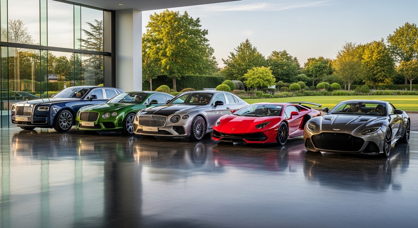 ガラス張りのショールームに並ぶ６台の世界最高級車