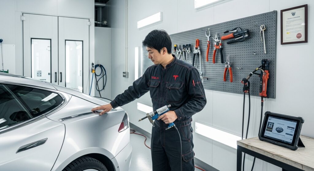 テスラ認定ボディショップで、日本人整備士がアルミボディ専用工具を使い、テスラ車を専門知識と設備で整備している様子。