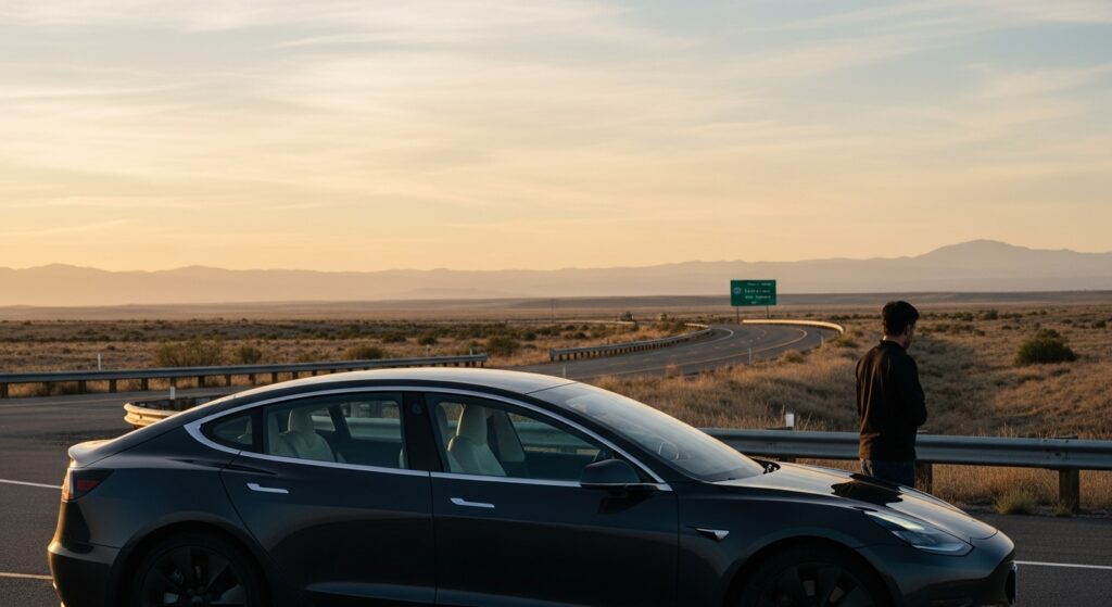 地方に住むテスラオーナーが、最寄りのサービスセンターまでの距離をスマホで確認しながら車検の依頼先を検討している様子。