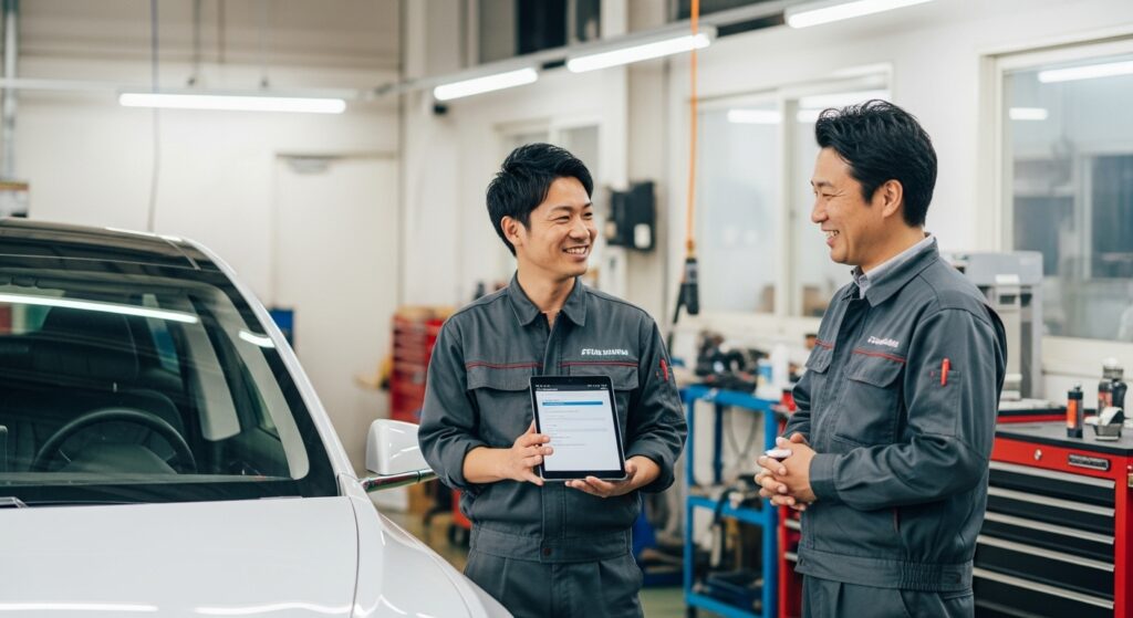 テスラオーナーが整備士から、今回の車検に加えて今後のメンテナンス計画について説明を受け、信頼関係を築いている様子。