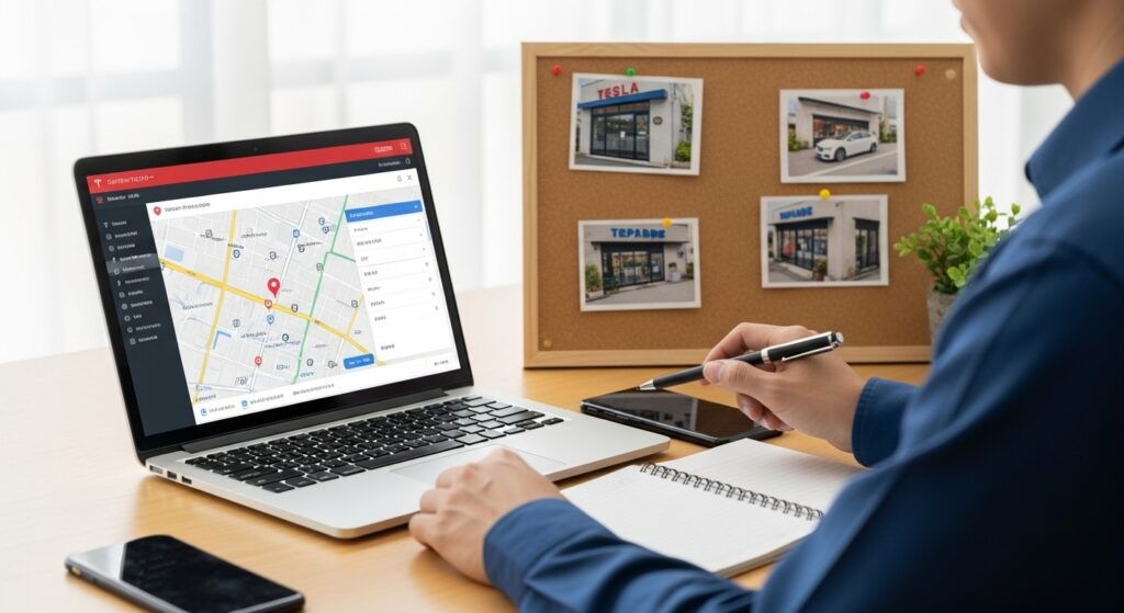 日本人ドライバーがパソコンでテスラに対応可能な整備工場を検索し、候補の情報やSNS投稿を確認している様子。