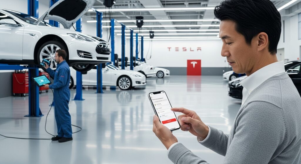 テスラ公式サービスセンターで、日本人オーナーがスマホアプリで車検予約や進捗確認を行い、整備士がリフトアップされた車を点検している様子。