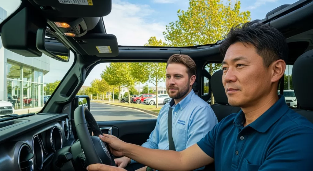試乗で真剣に運転を体験する日本人男性