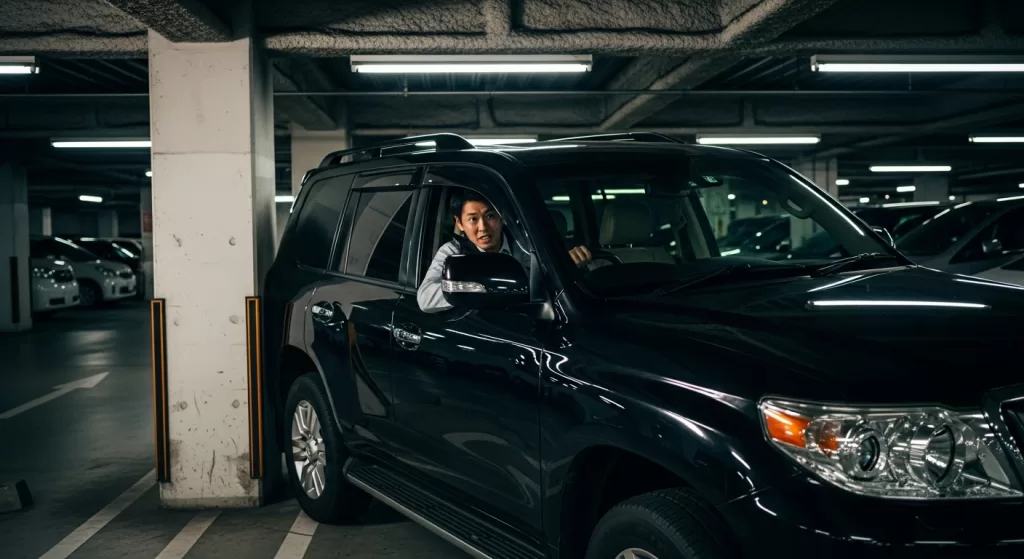駐車が難しく苦労する日本人男性