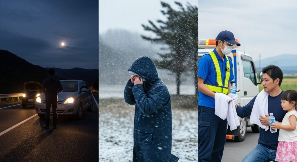 深夜の山間部、豪雨や吹雪、真夏の猛暑など、生命や健康に危険が及ぶ非常事態で、レッカー車の同乗が特例として認められる場面を描いたイメージ。