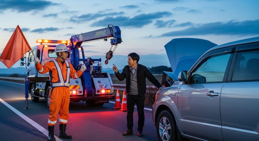 高速道路で故障車の横に立ち、レッカー車の運転手が日本人ドライバーに法律や安全面から同乗できない理由を説明している様子。