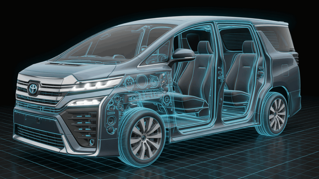 黒いグリッド背景にトヨタの大型ミニバンを外装と内部構造が透けて見える3Dワイヤーフレームで表現し、座席や装備が詳細に描かれている。
