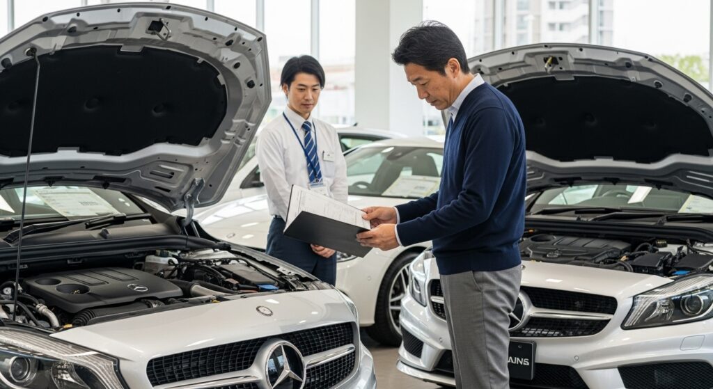 中古車展示場で整備記録簿やボディ、内装を入念に確認する日本人男性。良質な中古車を見抜こうとするプロのような視線が印象的。