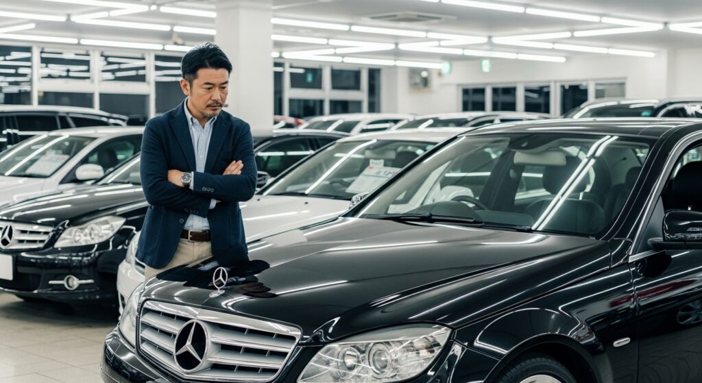 中古車販売店で黒のメルセデス・ベンツCクラスを前に真剣な眼差しで検討する日本人男性。車両の状態を見極める姿が印象的。
