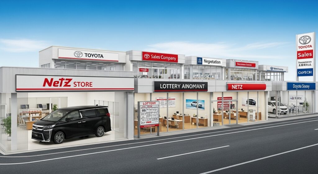 複数のトヨタ系ディーラー店舗を俯瞰し、旧ネッツ店風の店舗には黒い大型ミニバンが展示され、別店舗には抽選案内がある様子が描かれている。