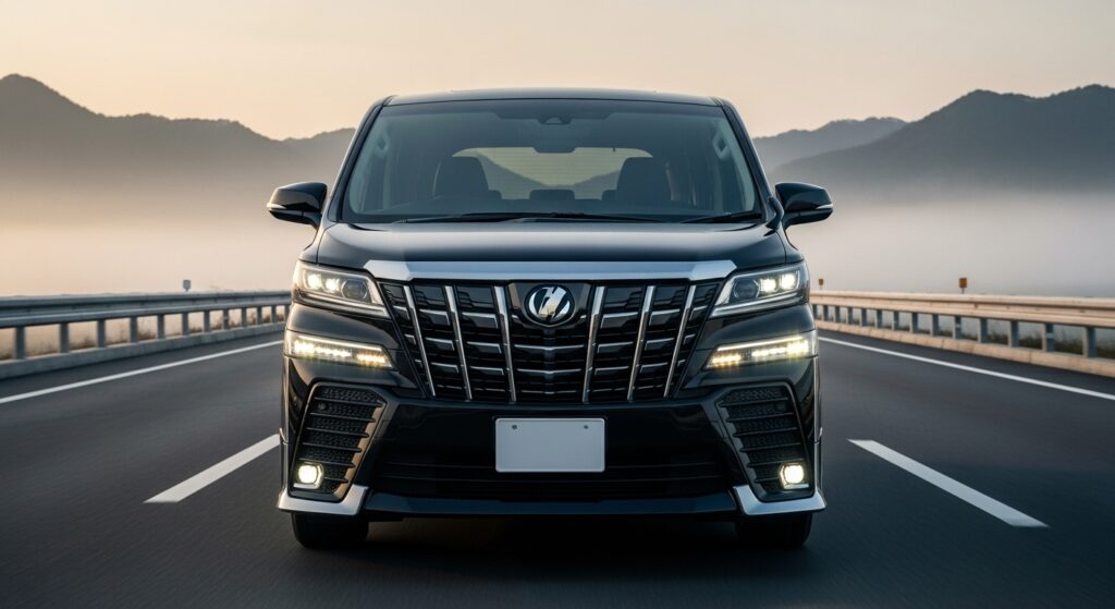 朝靄の高速道路を走る黒い大型高級ミニバンが、迫力あるフロントグリルと輝くヘッドライトで存在感を放っている。