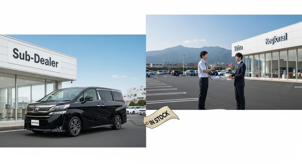 地方のディーラーとサブディーラーが並ぶ風景で、サブディーラーには黒い大型ミニバンが展示され、地方ディーラーでは営業と客が商談している。