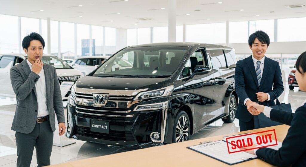 ディーラーのショールームで黒い大型ミニバンが展示され、抽選受付の立て札や転売禁止の誓約書が置かれ、法人契約者と営業が握手している。