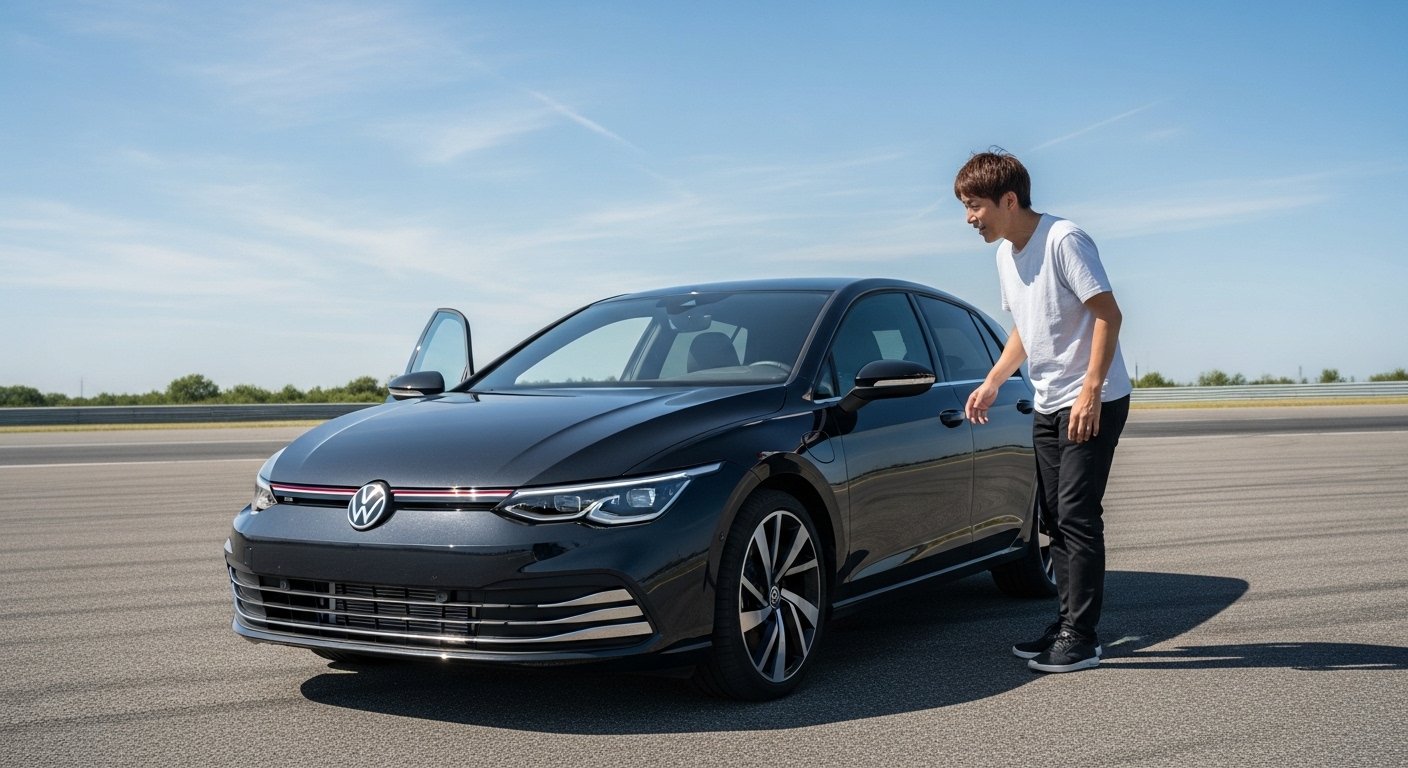 次世代フォルクスワーゲン・ゴルフ9の燃費性能に期待し、晴天の試験走行コースでプロトタイプを観察する日本人モータージャーナリストの男性。