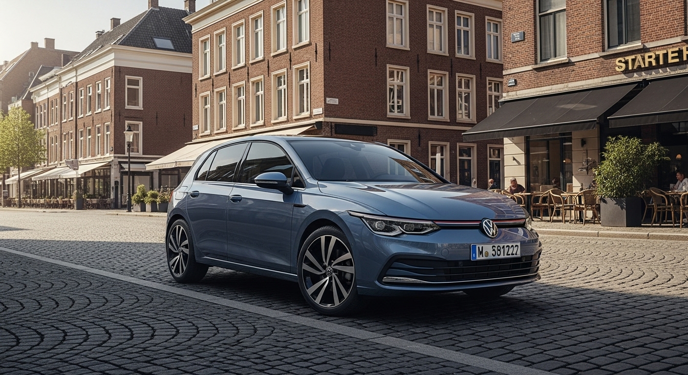 メタリックブルーのフォルクスワーゲン・ゴルフ8が、ヨーロッパ風の石畳の街並みでプロカメラマン風に撮影され、レンガ造りの建物とカフェが背景に映る。