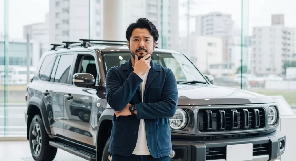 購入に悩む日本人男性とSUV