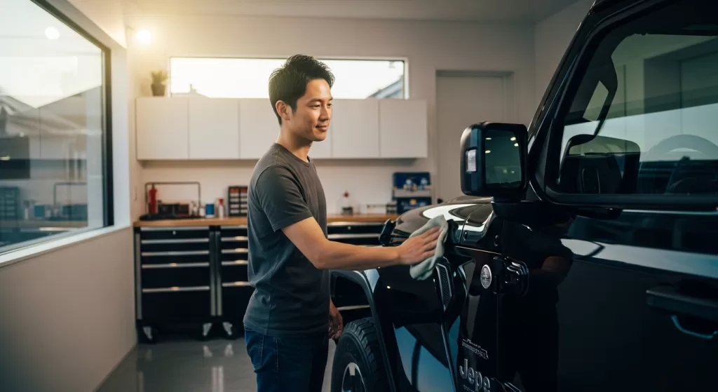 ガレージでラングラーを眺める日本人男性の満足そうな表情