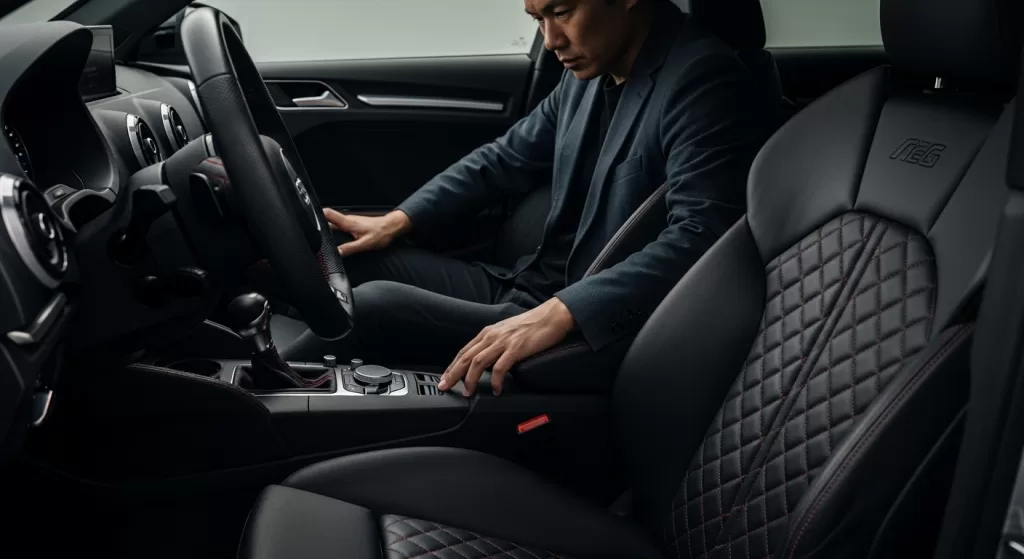 S3専用の上質な内装装備に触れて質感を確かめる日本人オーナー