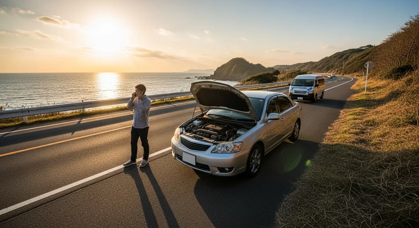 夕暮れの九州の海沿いの眺めで、ボンネットを開けて路肩に止まった車と、電話中で安心した表情の人、遠くにサービスバンが見える風景